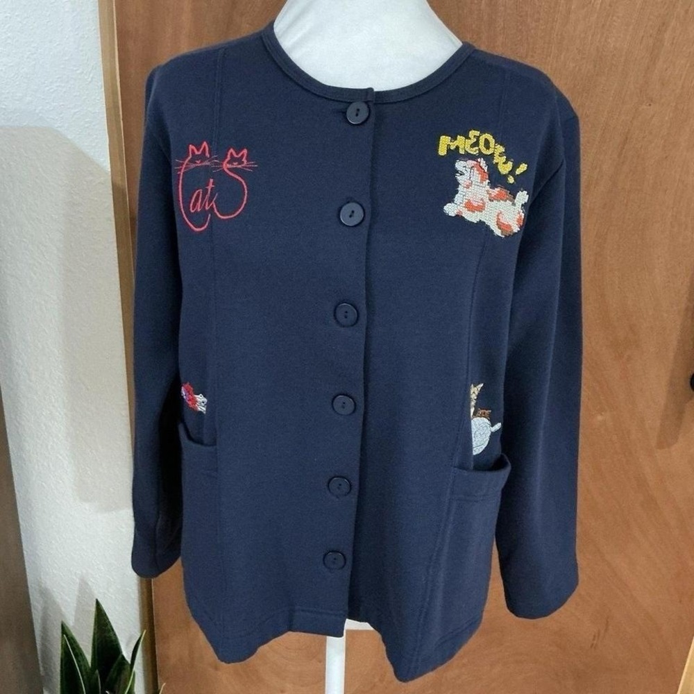 Whimsical Embroidered Cat Cardigan Jacket Orvis Vintage Buttons Roomy X-Small - Picture 3 of 8